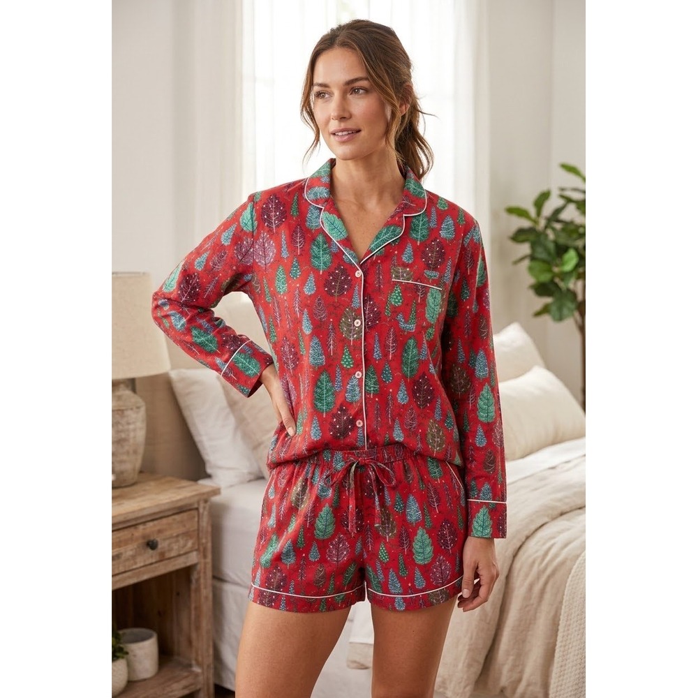 Printfresh Twinkling Trees Pajama Set Shorts XL Red Organic Cotton Whimsical